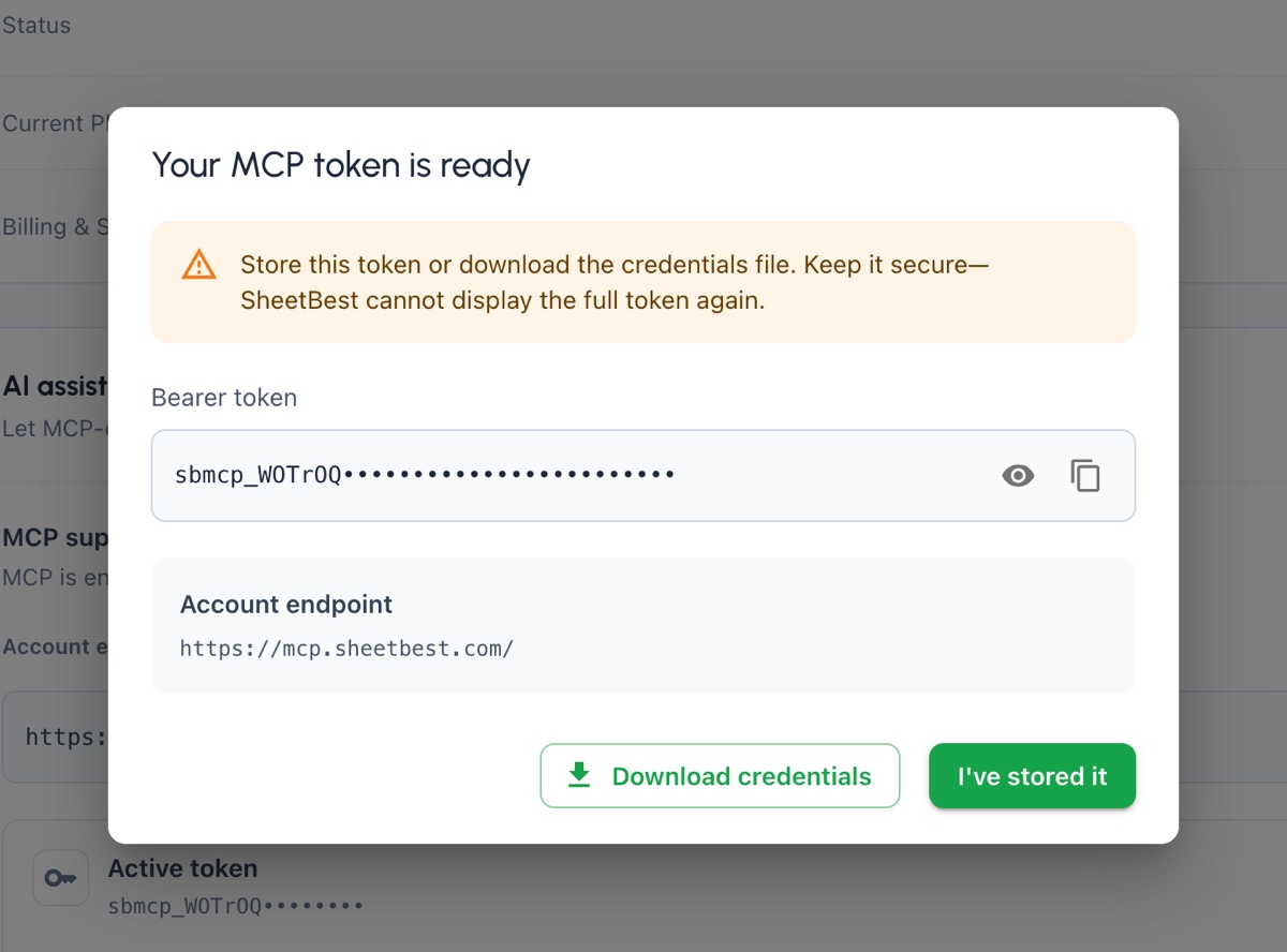 One-time MCP token dialog with the token masked and Download credentials available.