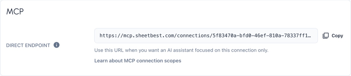 Example Direct MCP URL on a Sheet Best connection page.