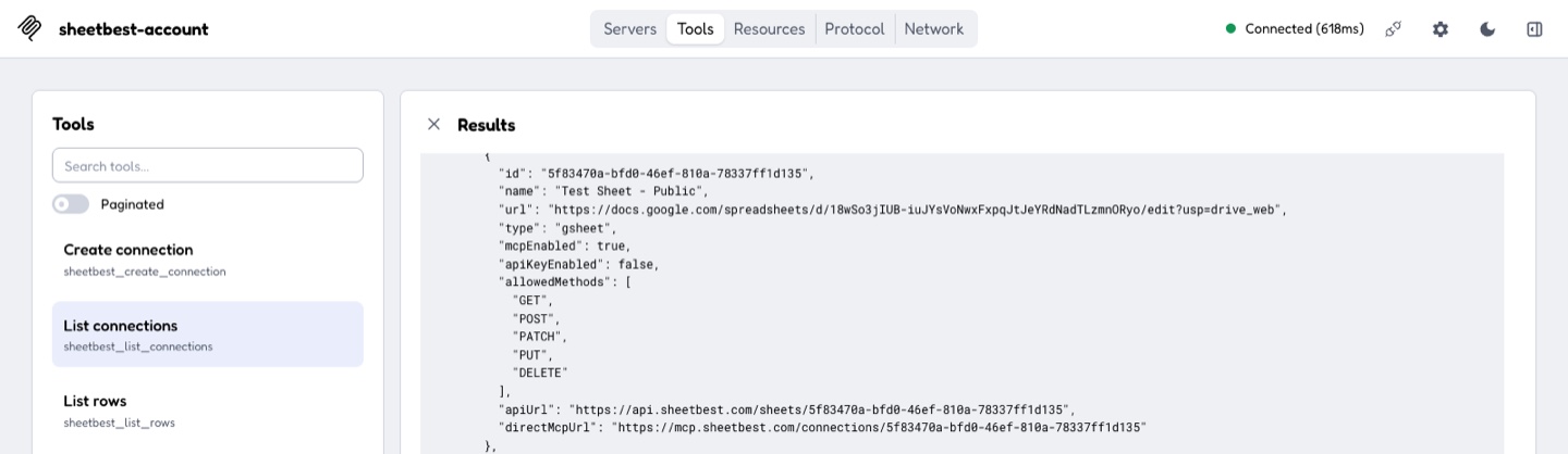 MCP Inspector com nomes, IDs, URLs de API e URLs MCP diretas opcionais das conexões do Sheet Best.